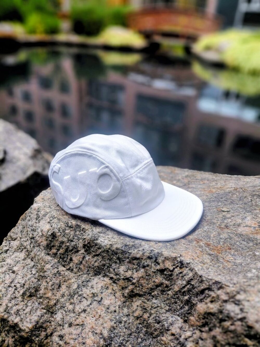Supreme Raised Logo Patch Camp Cap, Cotton, 5-Panel, Trucker Hat, Solid White